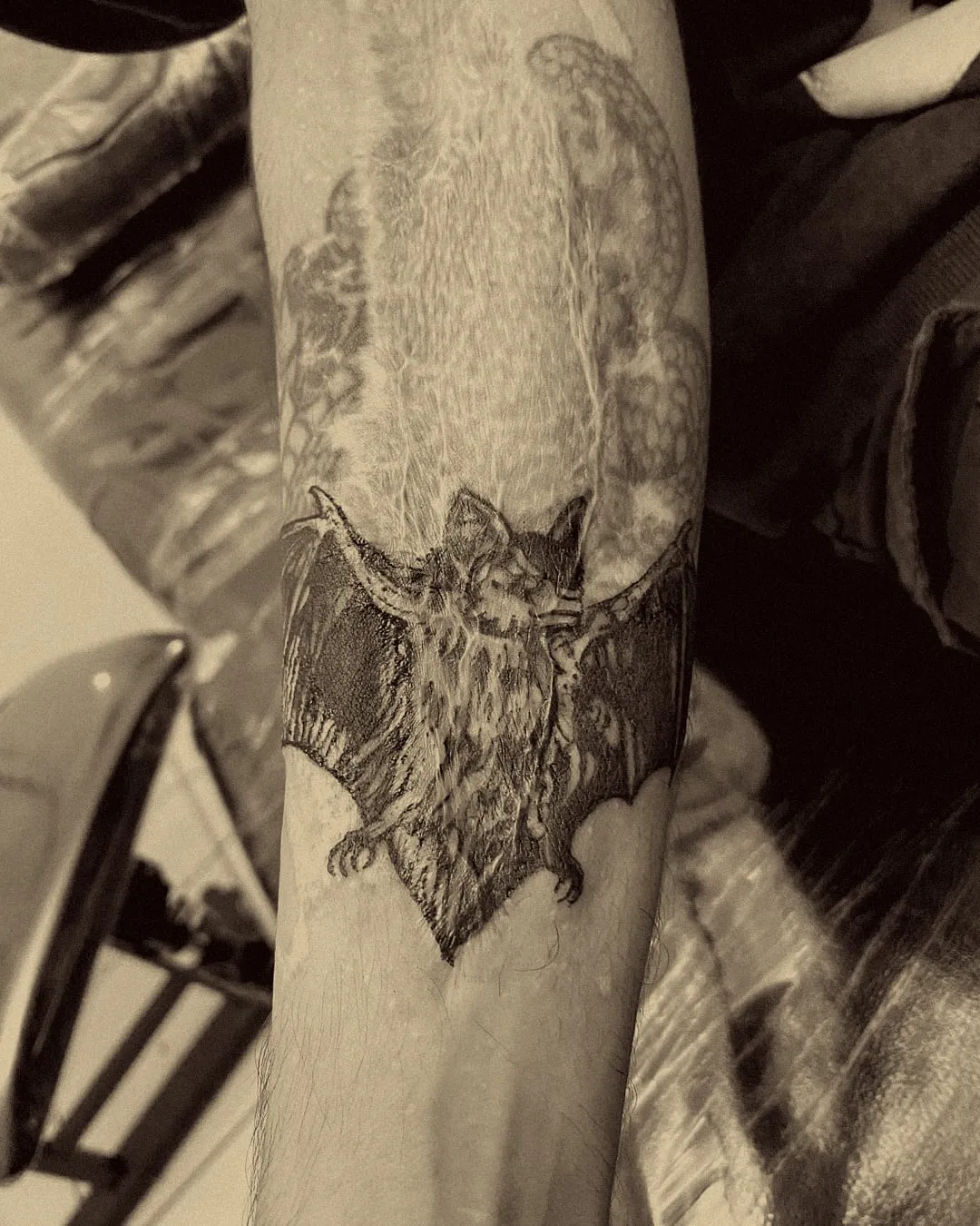 Murciélago en negro y gris tatuado sobre una cicatriz en el antebrazo