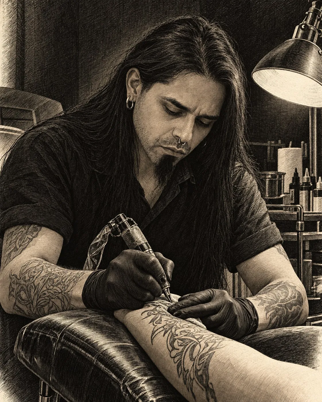 Ilustración en grabado de Mauricio Garrido tatuando el antebrazo de un cliente en su estudio